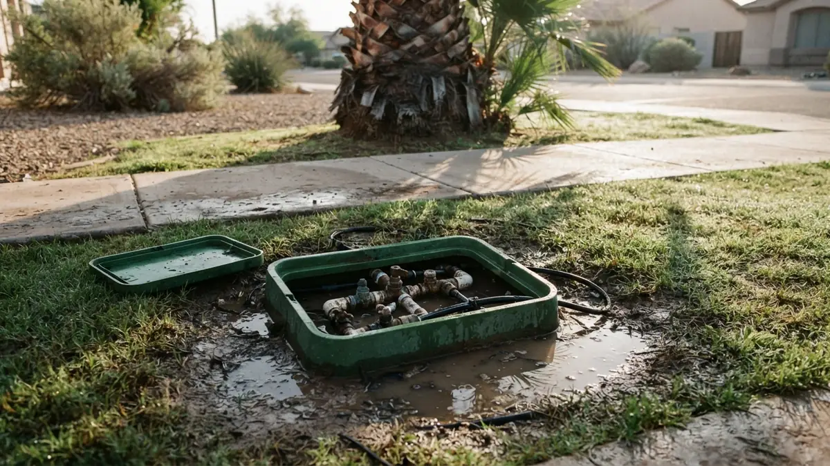 An open irrigation valve box in a grass strip with wet soil and a small puddle around the valves