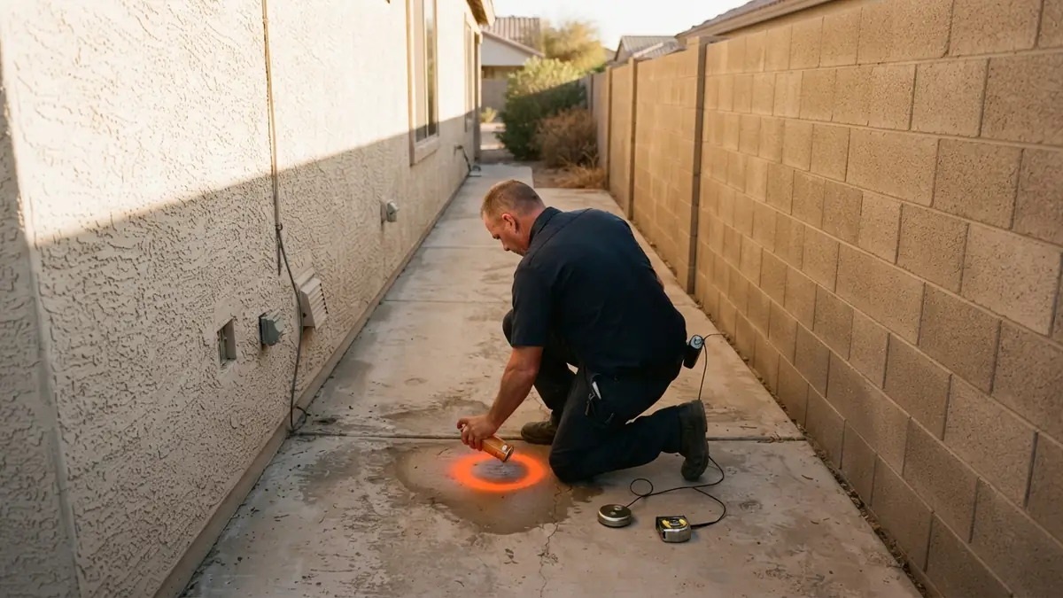 Technician marking the located leak with an orange paint circle on a side-yard concrete walk - Leak Detection in El Mirage