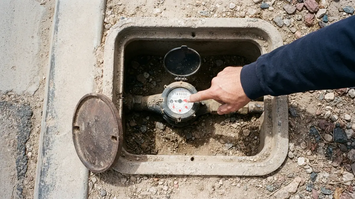 A hand pointing at the low-flow indicator on a water meter inside an open sidewalk meter box - Leak Detection in El Mirage