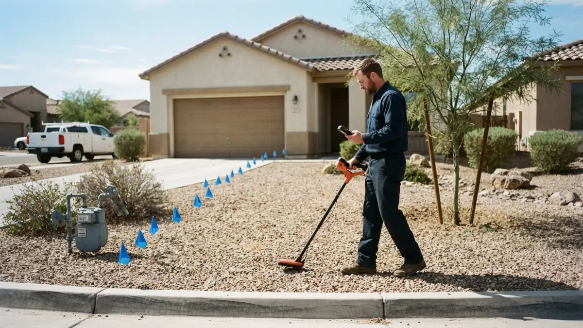 Technician sweeping a pipe locator across a gravel front yard with blue flags marking the water line - Slab Leak Detection in El Mirage