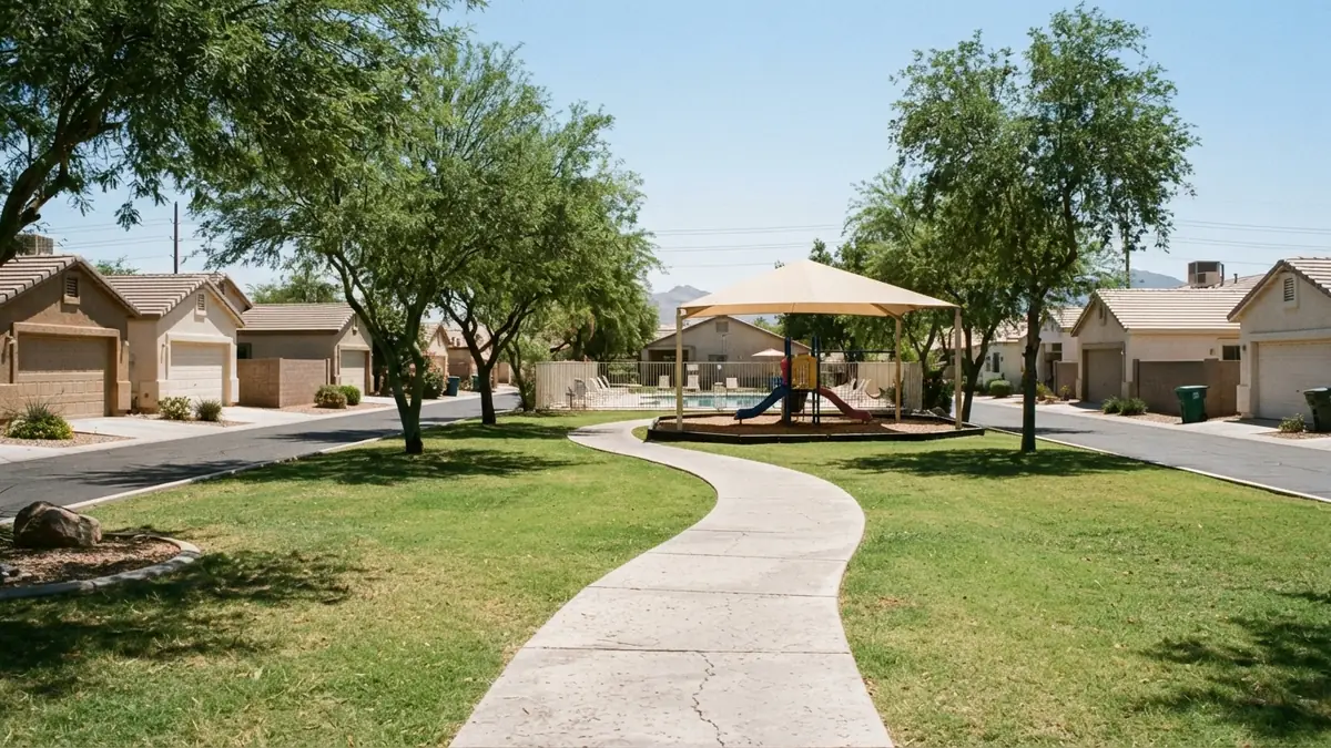 Concrete walking path through a grassy common area with a playground and pool fence in Arizona Brisas - Leak Detection in Arizona Brisas