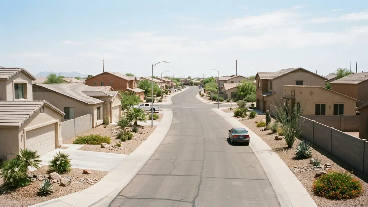 High view down a curving street of compact stucco homes with gravel yards in Buenavida - Leak Detection in Buenavida