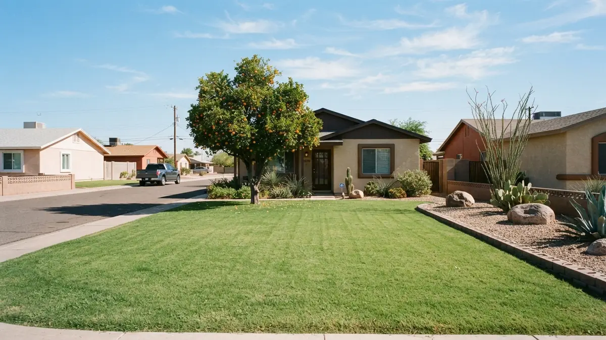 Single-story stucco home and differently landscaped front yards on a wide quiet street in Parque Verde - Leak Detection in Parque Verde