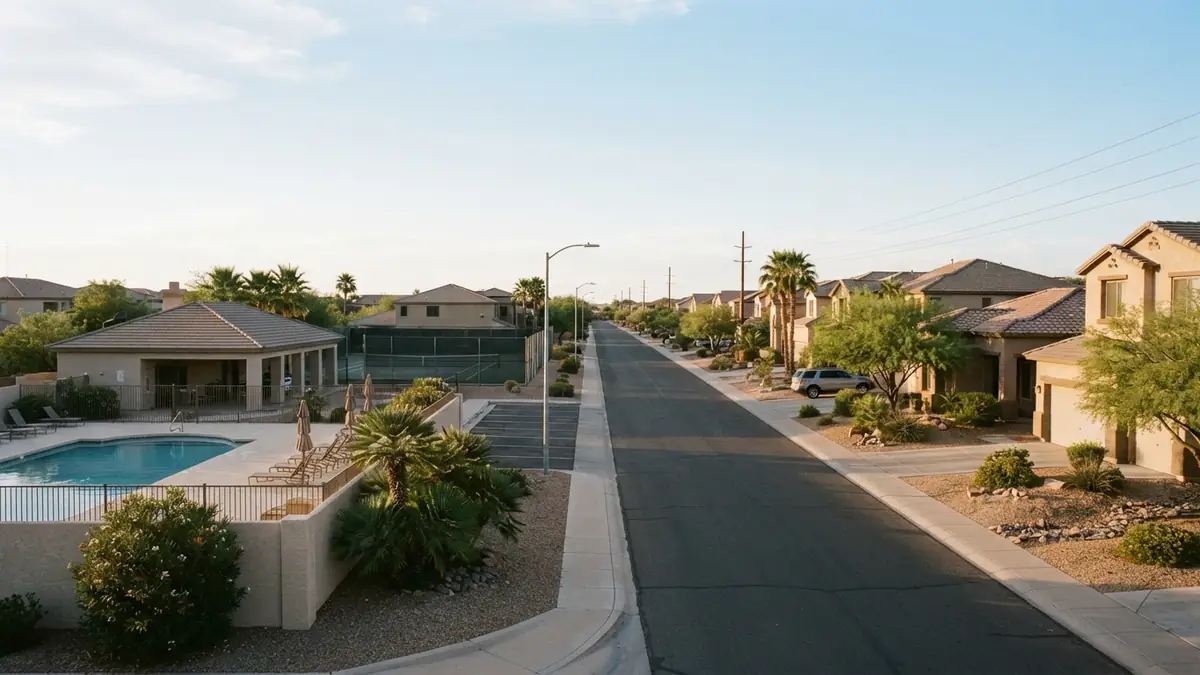 Long street of mixed stucco homes beside a community pool, clubhouse and tennis court in Rancho El Mirage - Leak Detection in Rancho El Mirage