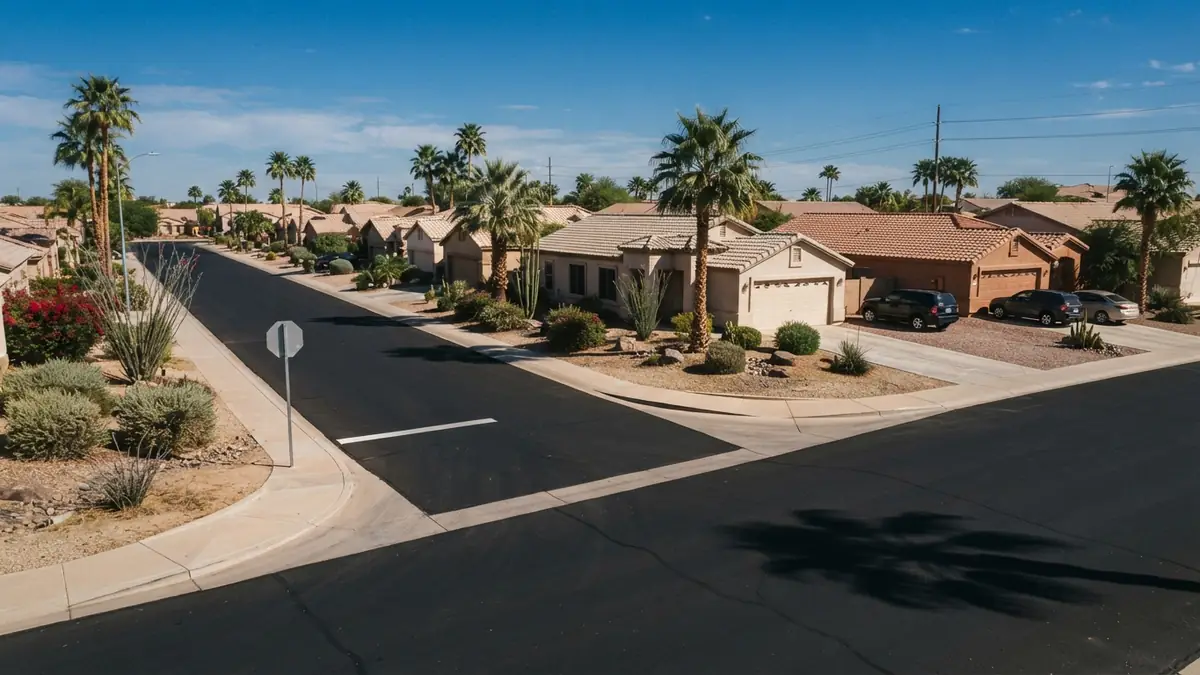Street corner with freshly sealed dark asphalt and single-story stucco homes in the Sundial neighborhood - Leak Detection in Sundial