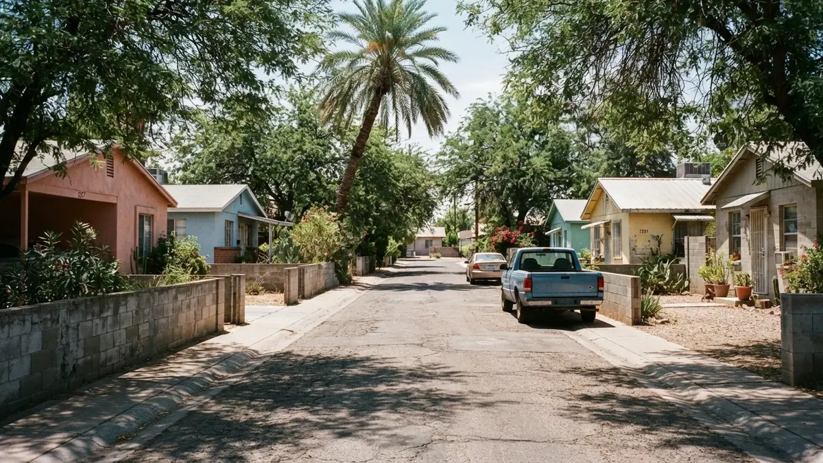 Older low homes in varied colors under tall mature trees on a narrow street in Sunnyvale - Leak Detection in Sunnyvale