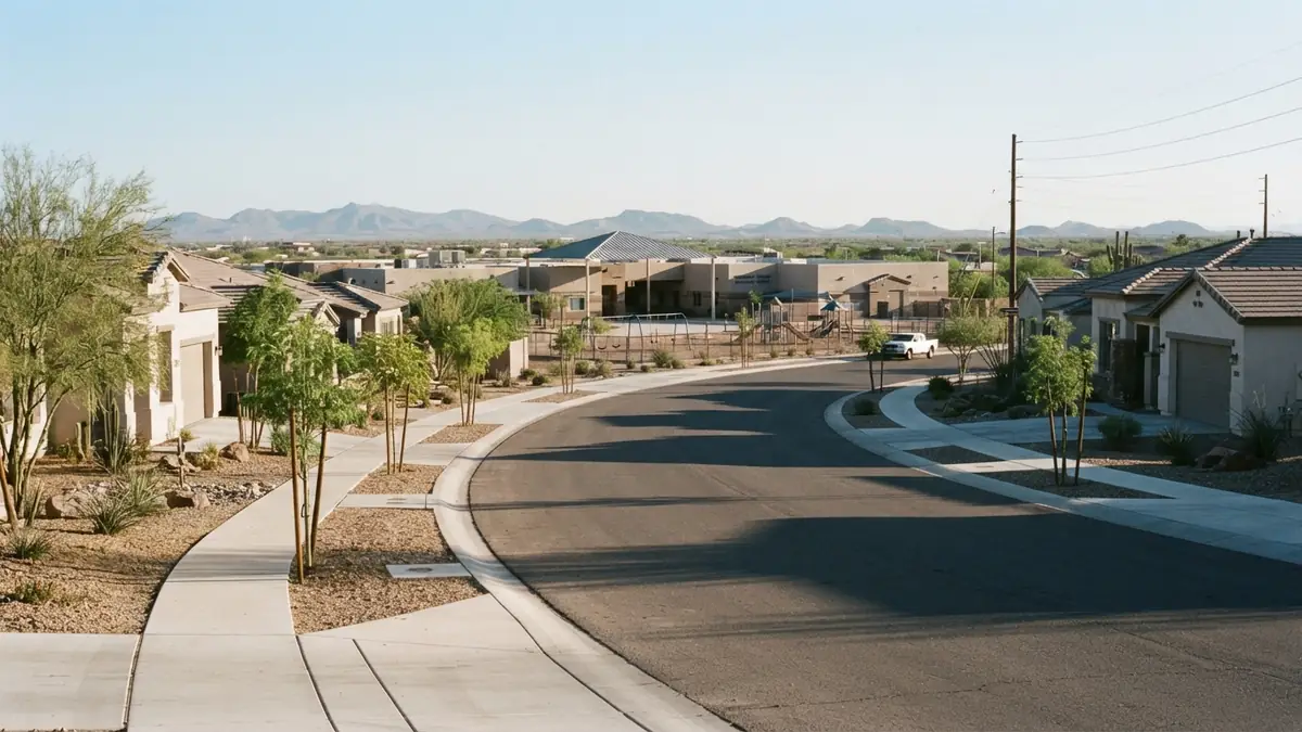 Wide curving street of newer stucco homes with young trees and a school campus at the end of the block - Leak Detection in Thompson Ranch
