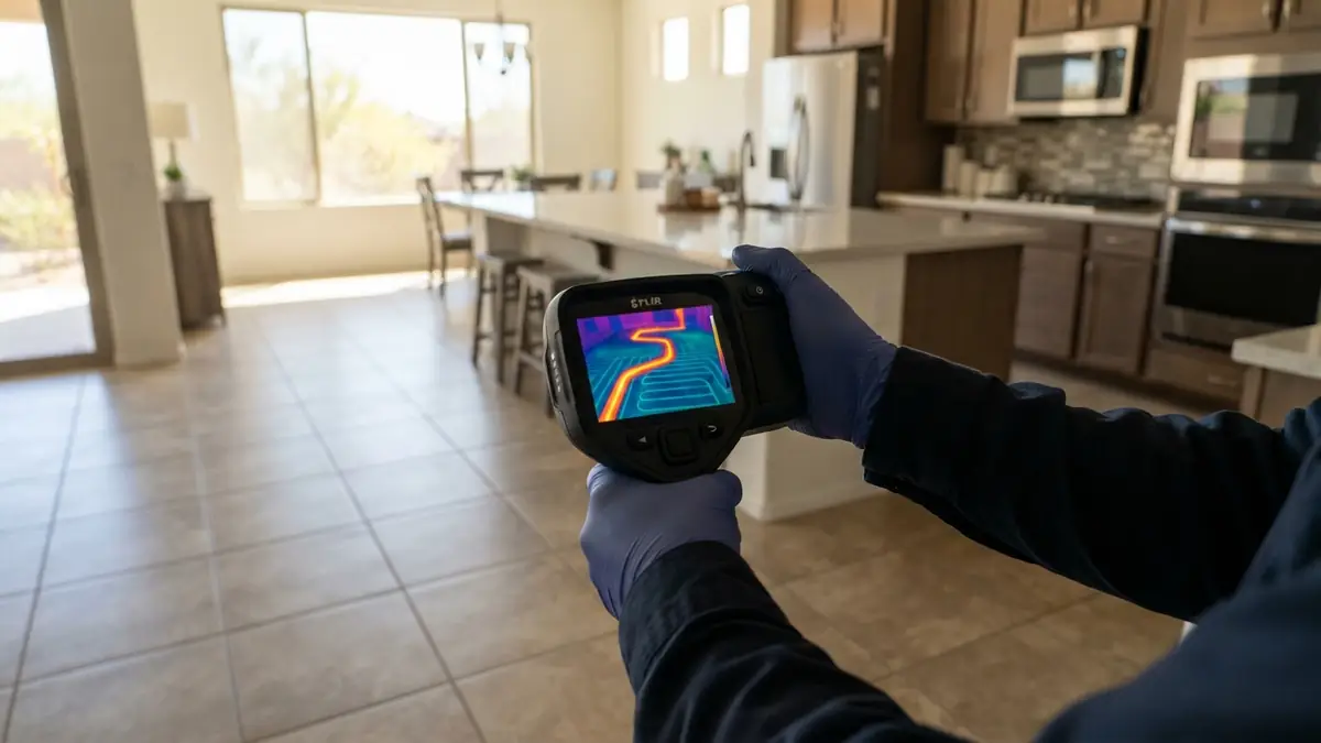Thermal camera screen showing a warm line running through a cool tile floor in a kitchen - Leak Detection in El Mirage