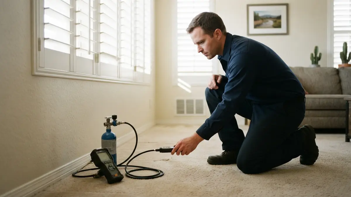 Technician holding a tracer-gas sniffer probe to the baseboard of a carpeted living room - Irrigation Leak Detection in El Mirage